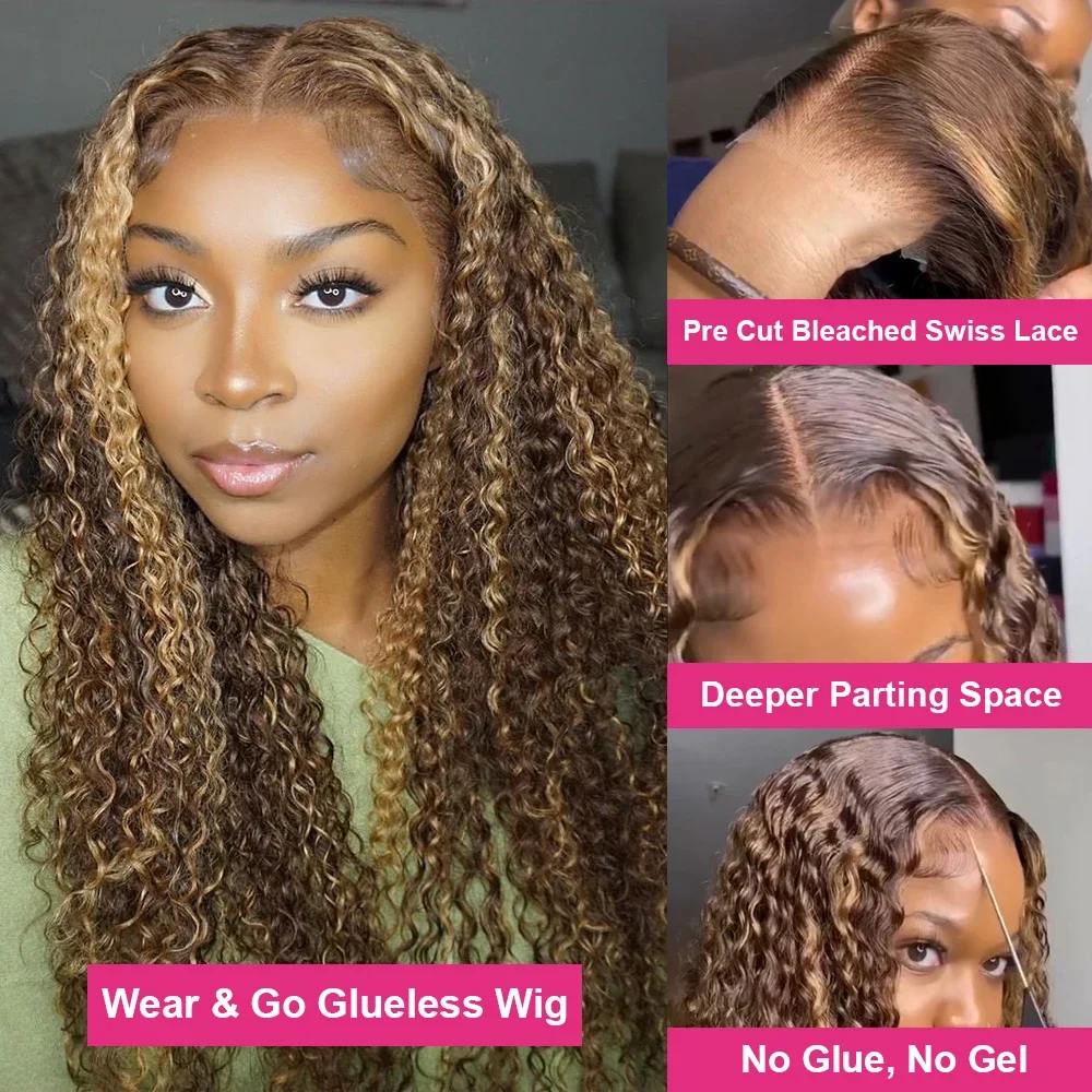 HD 13x6 Highlight Wig Human Hair Honey Blonde Brown Lace Front Wigs Deep Curly Human Hair Wig Water Wave 13x4 Lace Frontal Wig image 4