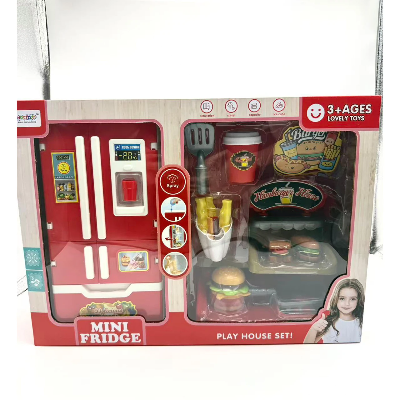 Maison de jeu ensemble pulvérisation eau vapeur Mini réfrigérateur cuisine restauration rapide Restaurant hamburger frites Dessert ensemble éducatif jeu de rôle jouets