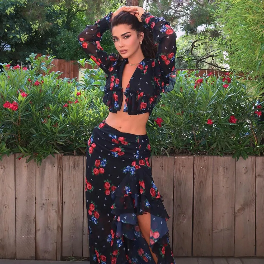 

Sexy Matching Set Long Sleeve Crop Top Ruffle Split Bodycon Skirt Two Piece Set Spring Summer Tee Blouse Evening Dress