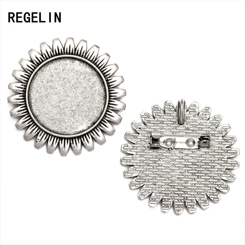 REGELIN New 5pcs/lot inner 25 mm Sun Flower Antique Gold/Antique Silver Brooch Base Fit Cabochon Tray DIY Jewelry Findings