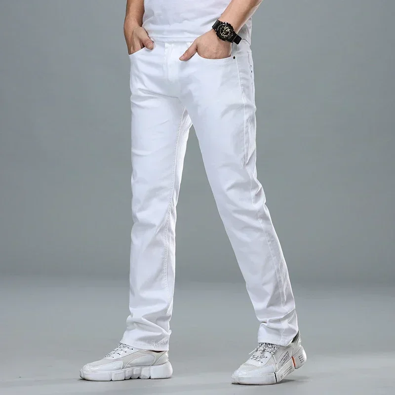 Classic Style Men's Regular Fit White Jeans Business Smart Fashion Denim Advanced Stretch Cotton Trousers Male Brand Pants