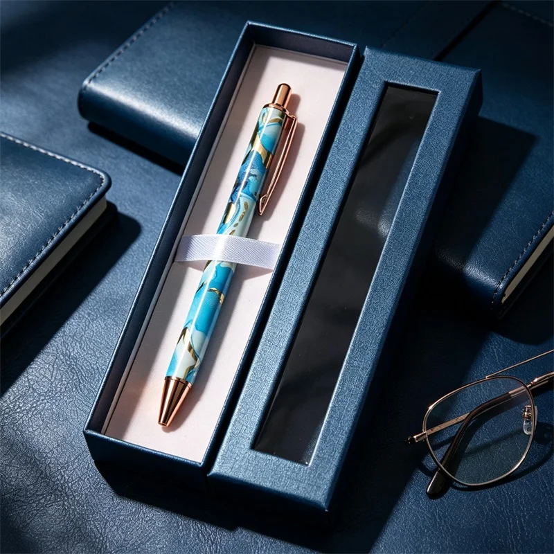 Artistic Ocean Pattern Metal Writing Pen with Gilded Print Decorative Gift Box Graduation Anniversary Memorial Stationery