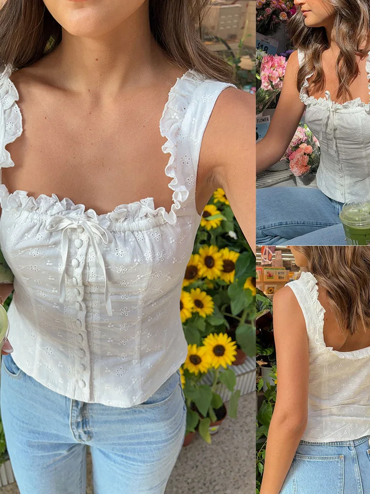 

Embroidered Ruffle Trim Drawstring Vest for Classical Dance – Sleeveless Performance Top for Stage Rehearsals and Artistic Shows