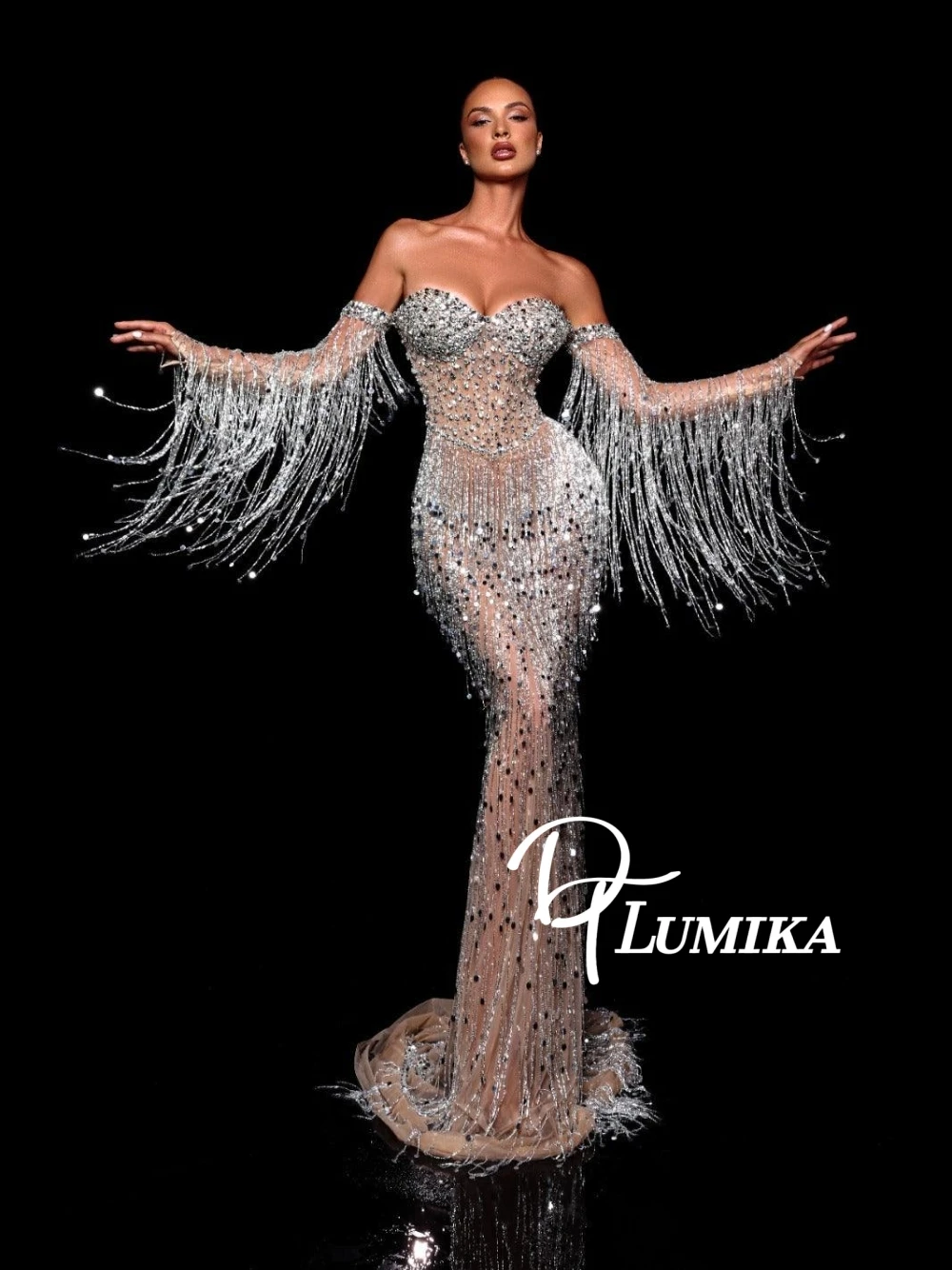 

Sparkly Silver Fringe Off Shoulder Evening Dress Delicate Sequin Beaded Sheer Showstopper Gown For Cocktail Party Dance Event