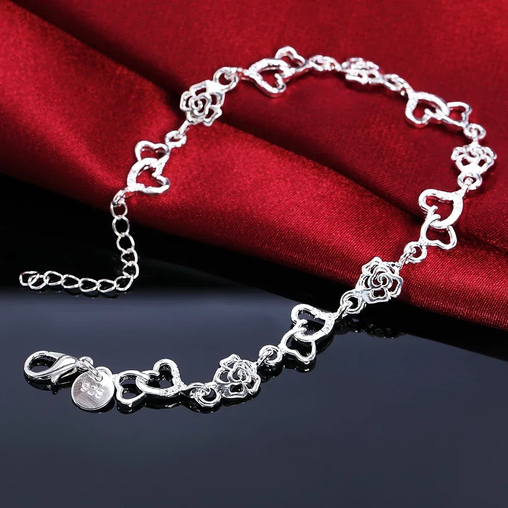 

Beautiful Hot Women Bracelet Heart Lovely Flower Chain Fashion Wedding Party 925 Sterling Silver Cute Lady Nice Jewelry