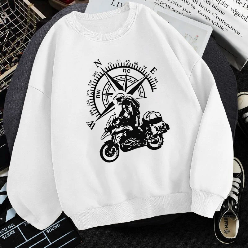 Creative Mountain Motorcycle and Compass Sweatshirts Men's Hip Hop Long Sleeve Crew Neck Sportwear Motorbike Travel Pullover