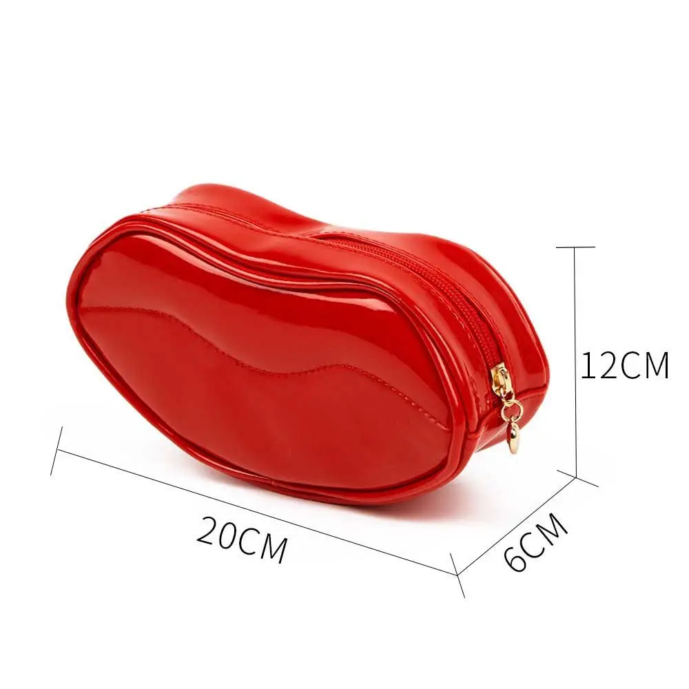 Patent Leather Fashion Sexy Red Lip Shape Cosmetic Bag Female Zipper Travel Large Capacity Storage Bag Casual Makeup Bag