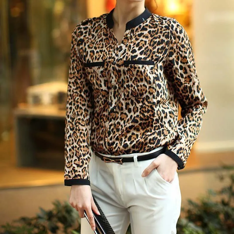 Chiffon Leopard Women Shirt Casual Long Blouses Print Slim Sleeve S Women Shirts Elegant Woman Clothing Loose