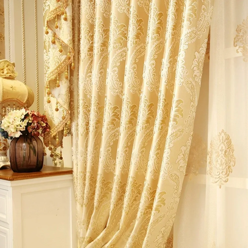 European Embroider Gold Luxury Curtains for Living Room Bedroom Dining Window Drape Tulle Valance Half-blackout