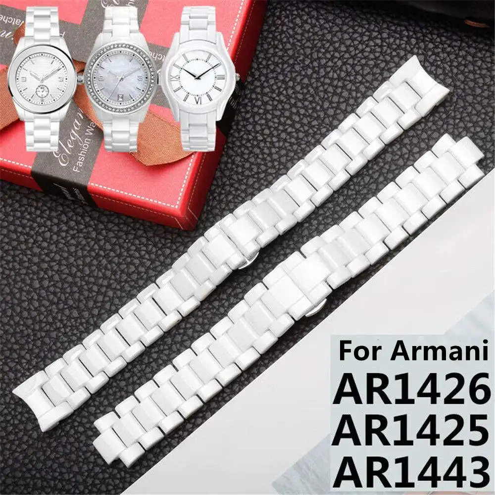 Premium Ceramics Convex Wrist Strap For Armani AR1425 AR1426 AR1443 Butterfly Buckle Band