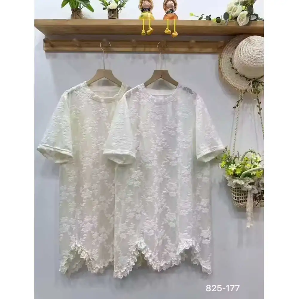 

Women Sweet Lolita Mori Girl Lace Embroidered Asymmetrical Shirts Summer New O-Neck Short Sleeve Casual Loose Cover Up Blouse