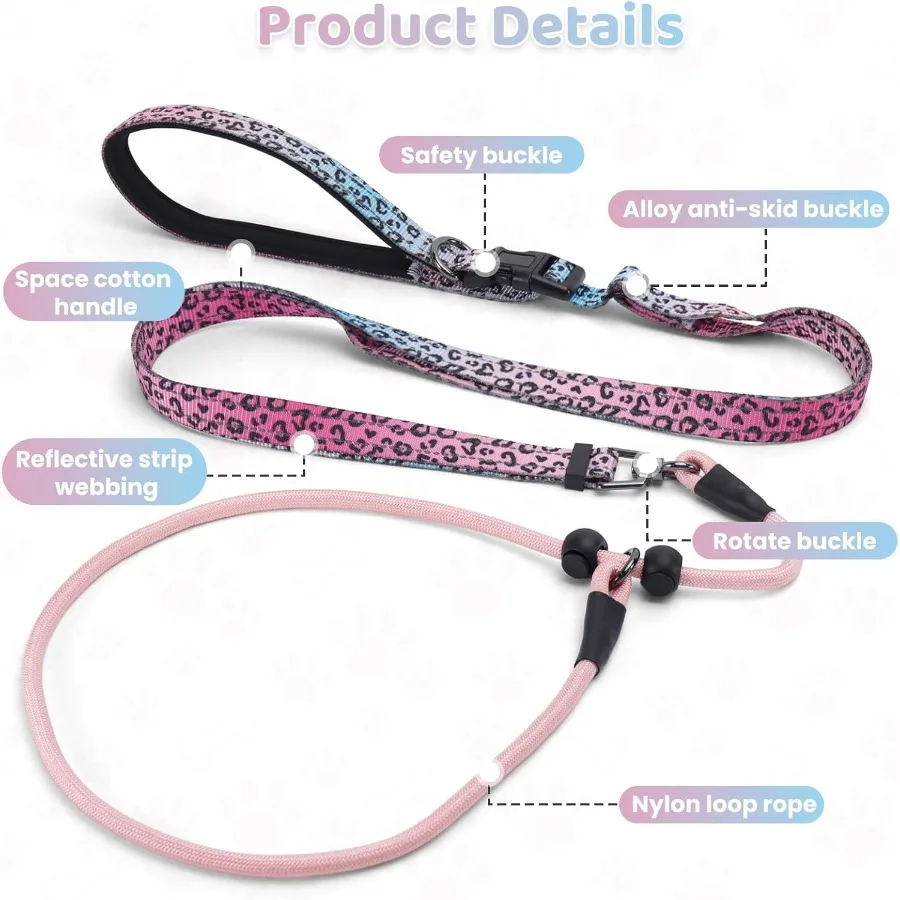 이중 손잡이가 있는 슬립 리드 개 목줄, 노풀 반사 훈련용 목줄, 매듭 없는 회전식 헤비듀티 디자인, 소형 및 중형견용