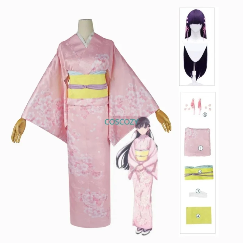 Anime My Happy Marriage Miyo Saimori Cosplay Costume Miyo Saimori Flower Printed Pink Kinomo Cosplay Costume Wig Headwear Set