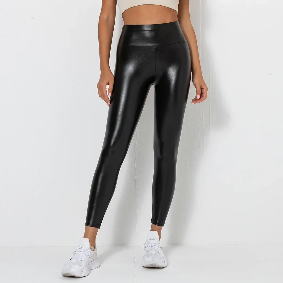 Spring new shiny large size leather pants female bottoming pants outside the new high-waisted tight long pants