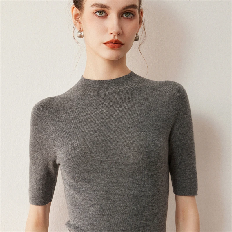 Autumn Women's 100% Wool Yangzi Yarn Pullover Pure Color Knitted Sweater Short Sleeve Half-High Neck Slim-Fitting Top