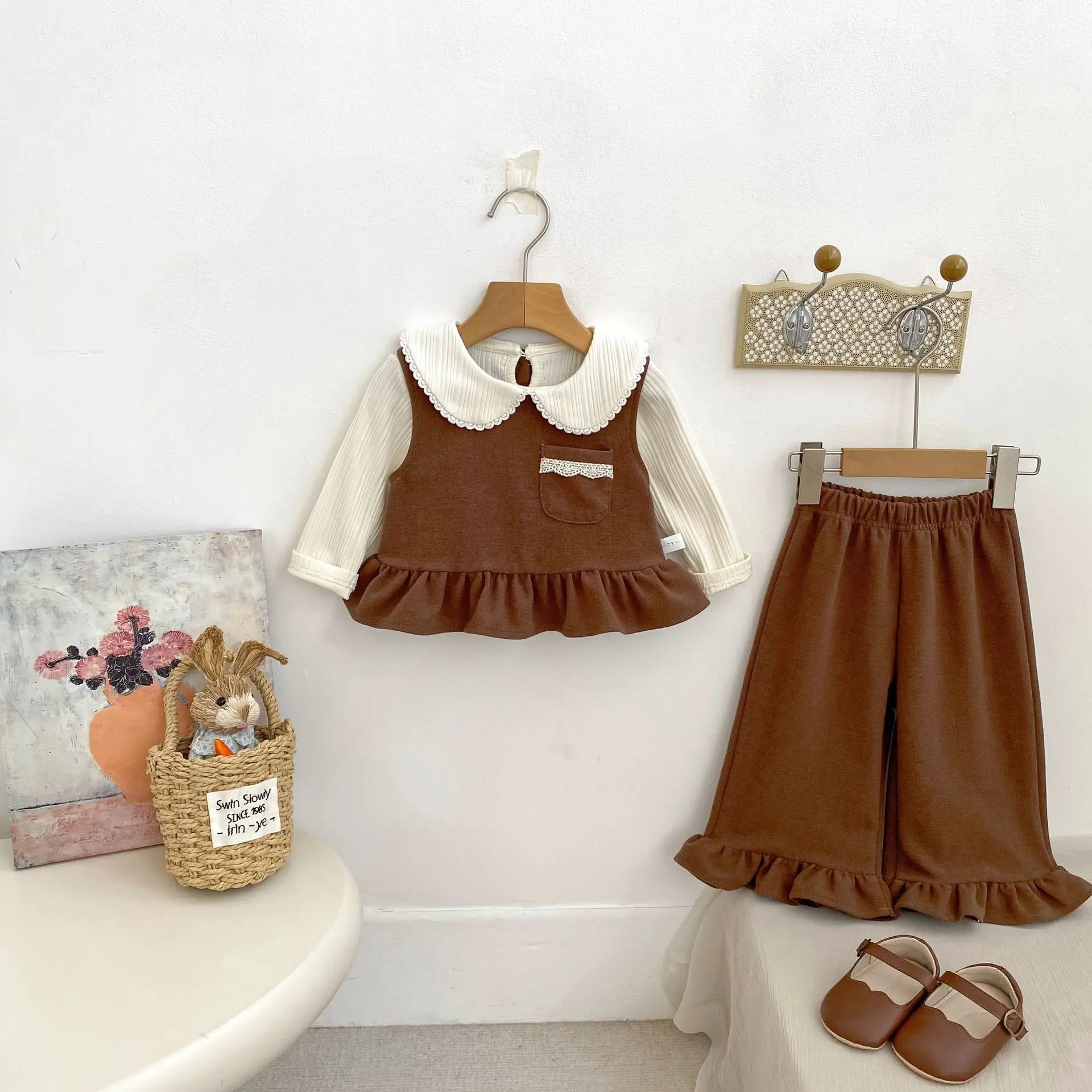 2025 Autumn New Girls Sleeveless Clothes Set Baby Ruffle Vest + Pants 2pcs Suit Solid Children Outfits Kids Toddler Casual Set