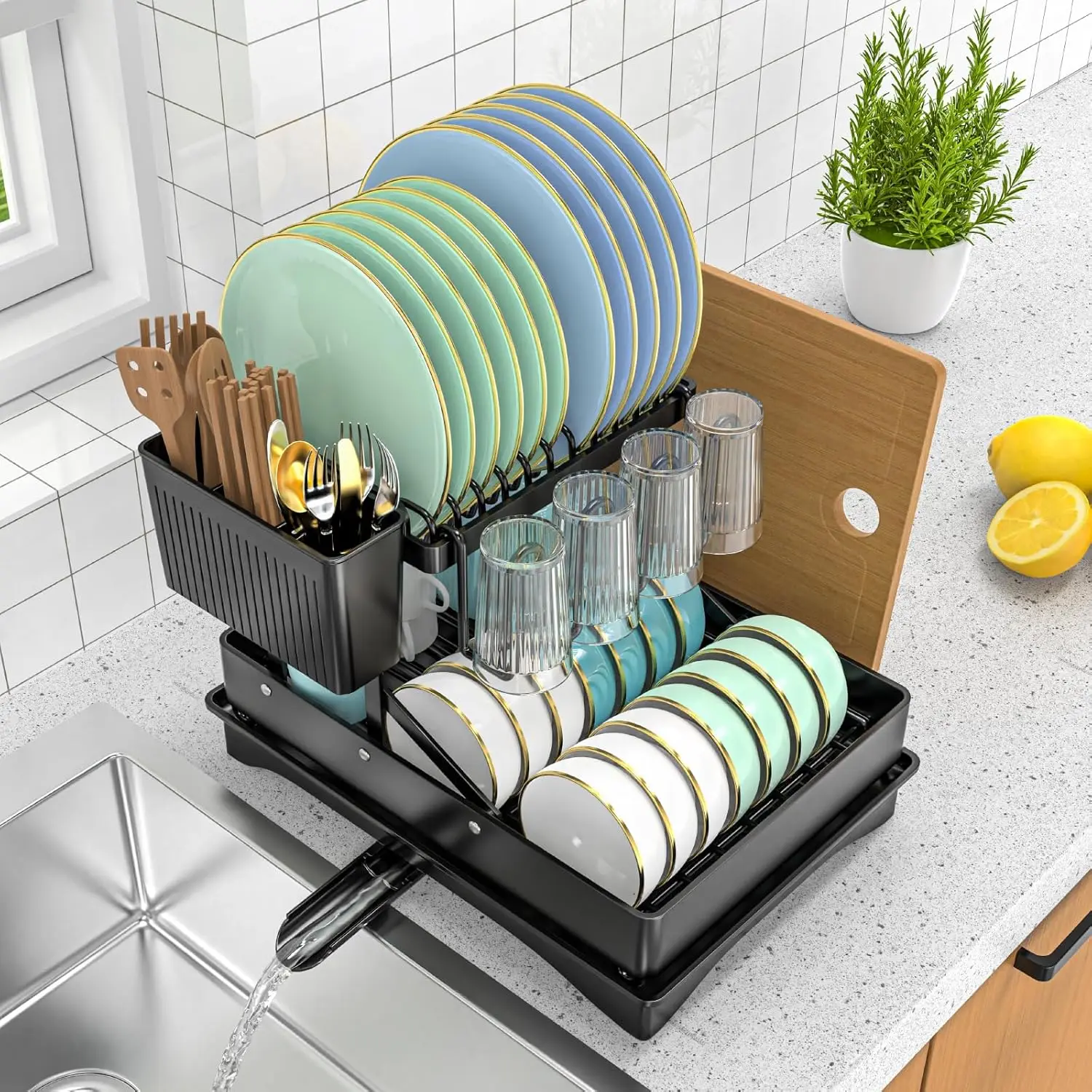 

Large Dish Drying Rack,Dish Rack 2 Tier,Dish drainers for Kitchen Counter with Cup Chopping Board Cutlery Holder,Anti-R