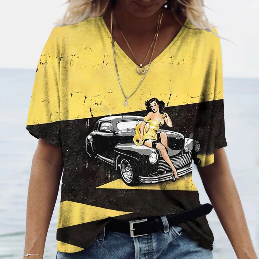 2025 New Women's Fashion Tops 66 American Flag Road Car 3D Printed t-Shirt Summer Street Fashion Personalized V-Neck Casual