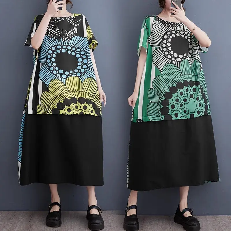 

Clothing 2023 Summer Printed Casual Shirt Dress For Women Loose Large Size Spliced Art Mid Length Short Sleeve Dress Z1746