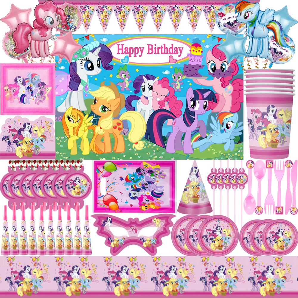 

My Little Pony Girls Birthday Party Decorations Paper Cups Plates Tablecloth Bolloons For GirL Baby Shower Decor Party Supplies