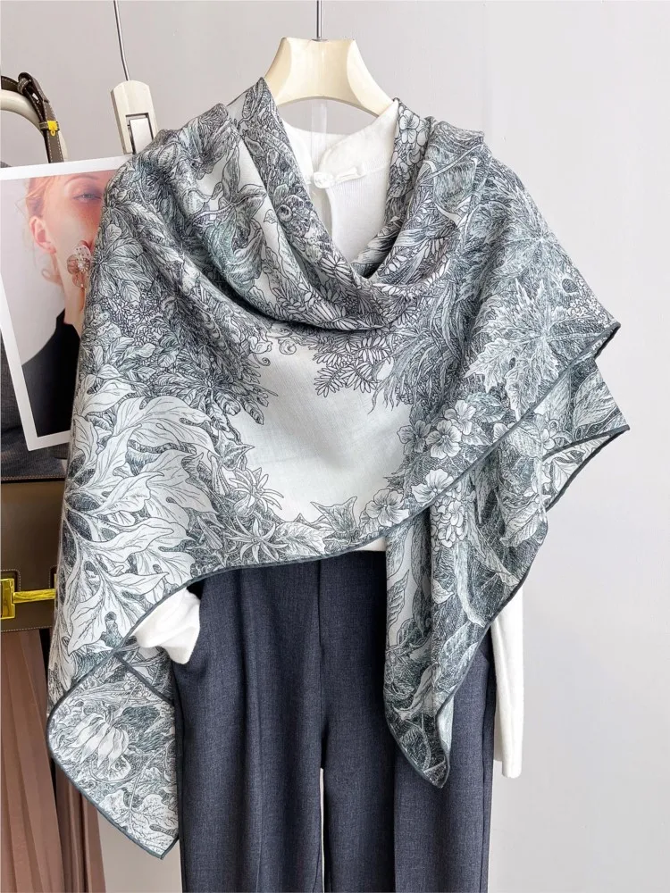 Botanical garden silk real wool scarf summer large square air-conditioned room shawl for outerwear