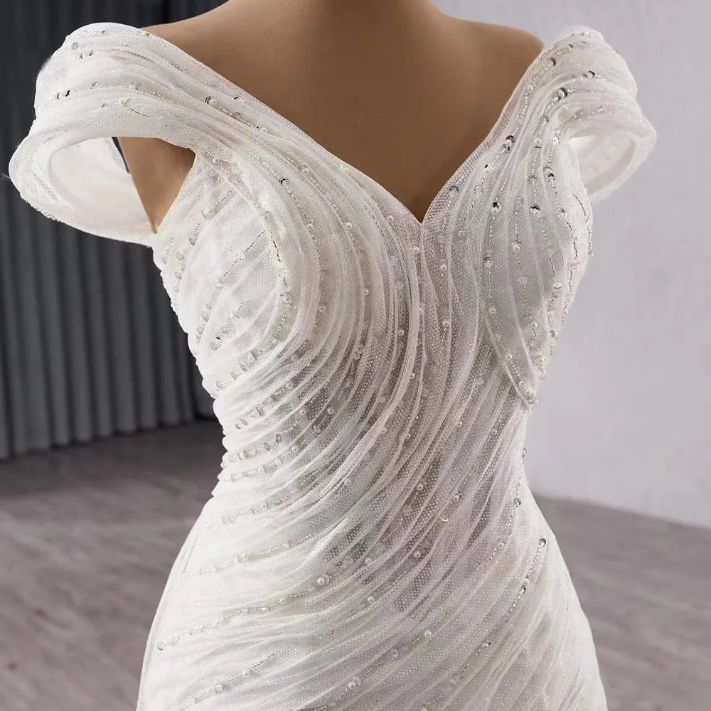 с iyoдебное плаokubя Vestido de novia con hombros descubiertos y escote en forma de corazón con cuentas y cordones en la espalda Vestido de novia sexy con volantes
