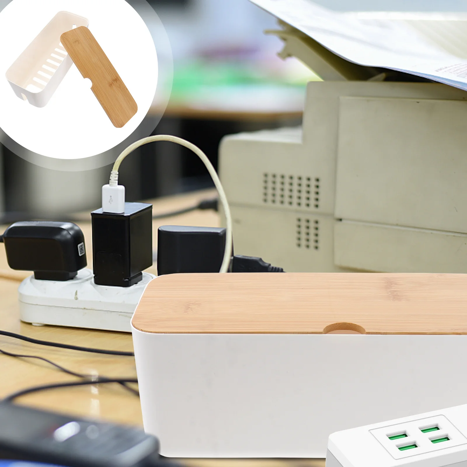 

Power Strip Storage Box White Cable Management Case with Wooden Cover Household Wire Storage Container Cord Organizer for Office