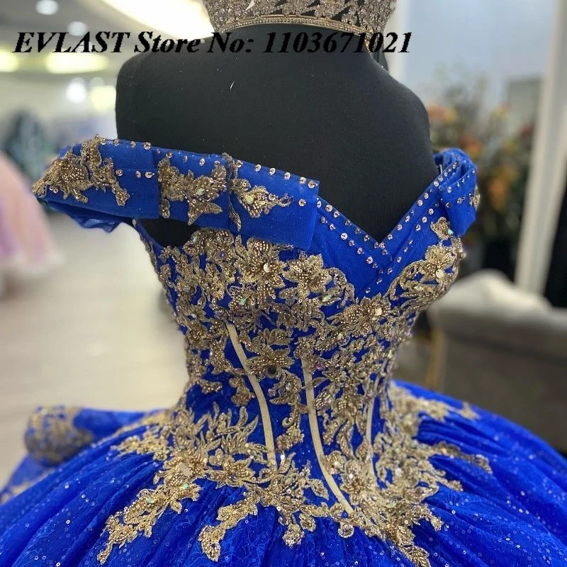 EVLAST Aangepaste Koningsblauwe Quinceanera Jurk Baljurk Gouden Kant Applique Kralen Tiered Sweet 16 Vestidos De XV 15 Anos SQ14