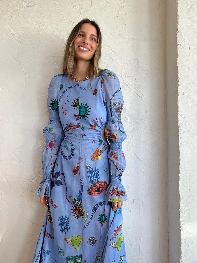 Print Beach Dress Women O-neck Long Lantern Sleeve Hollow Out O-neck High Waist Dresses Female Summer 2023 Colorful A-line Robe