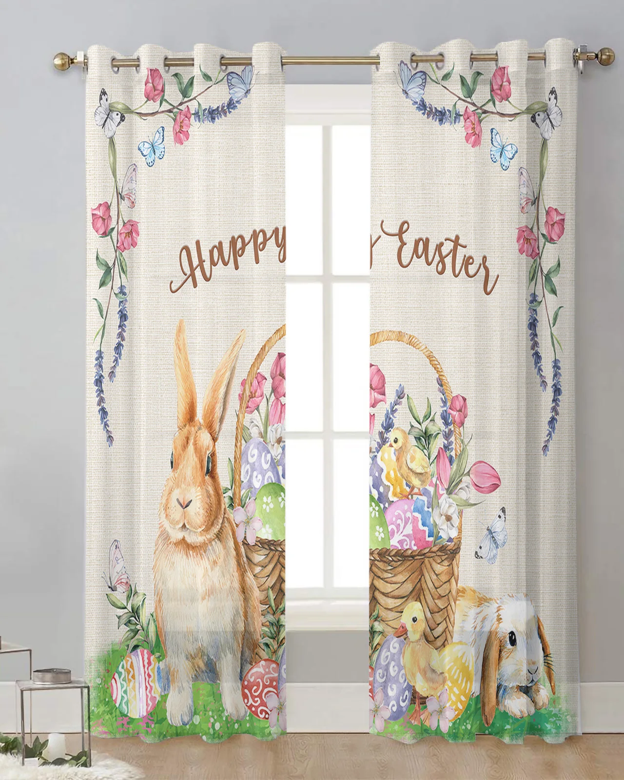 Easter Bunny Egg Duck Flower Sheer Curtains for Living Room Window Curtains for Kitchen Modern Tulle Voile Curtains