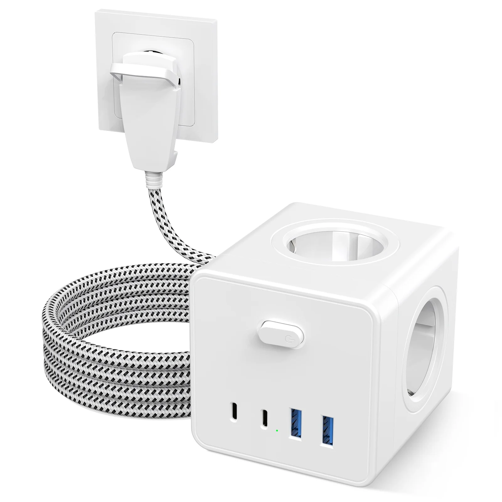 European plug Power Strip Cube USB Socket, 3 meters Braided Cable, 4 AC Outlets with 2 USB-A 2 Type C Switch for home
