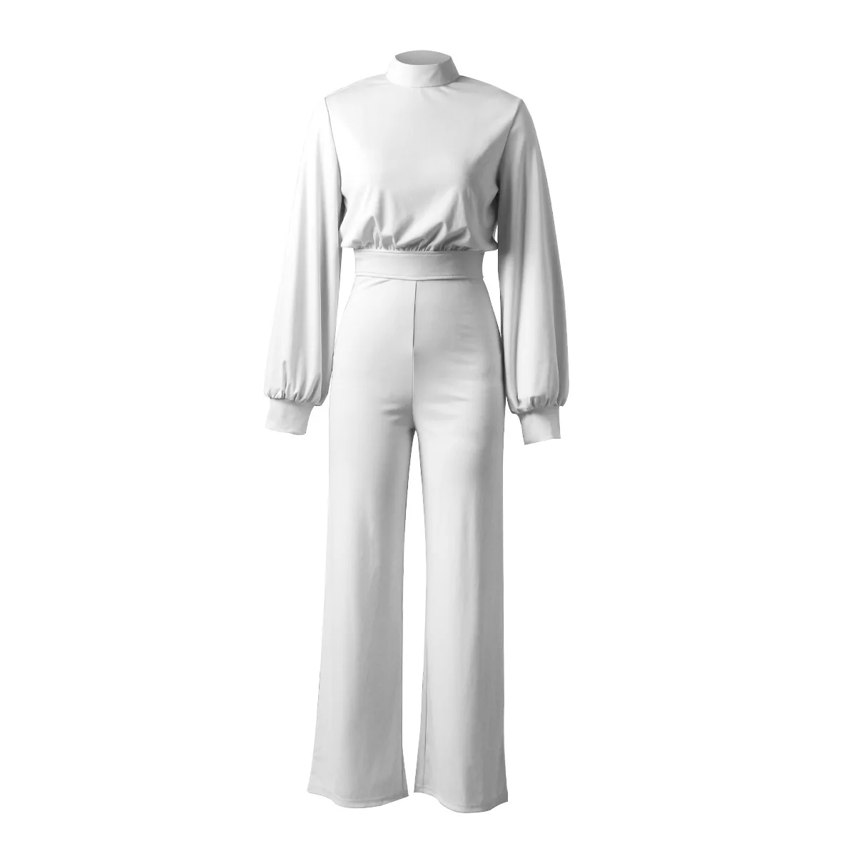 Fashion Stand Collar Long Lantern Sleeve Jumpsuit Women Elegant Office Lady Loose Straight Romper Overalls Onepieces