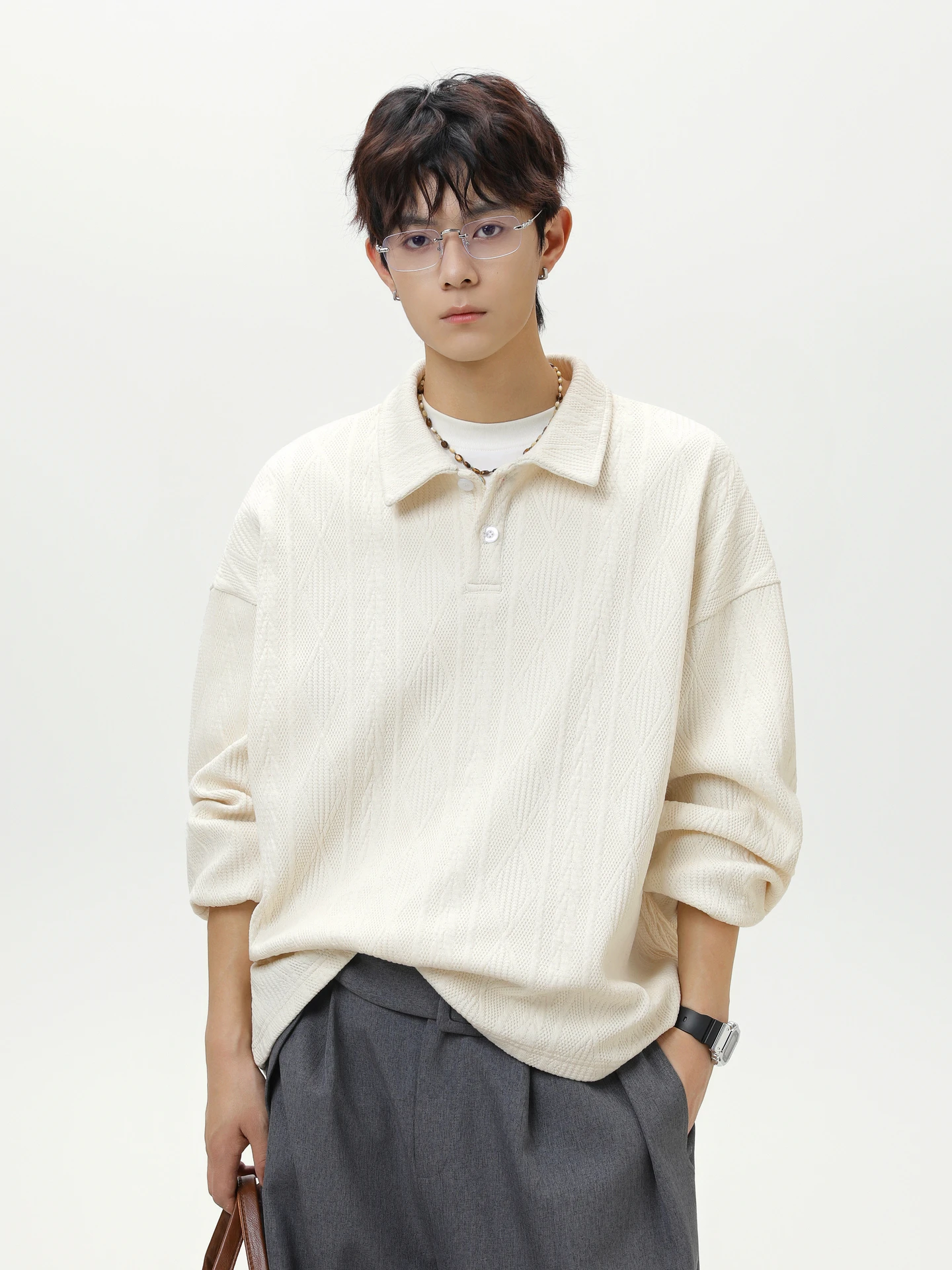 

Wheat Ear Pattern Texture Solid Color Top POLO Shirt Men's Retro Loose and Versatile Couple Lapel Sweater