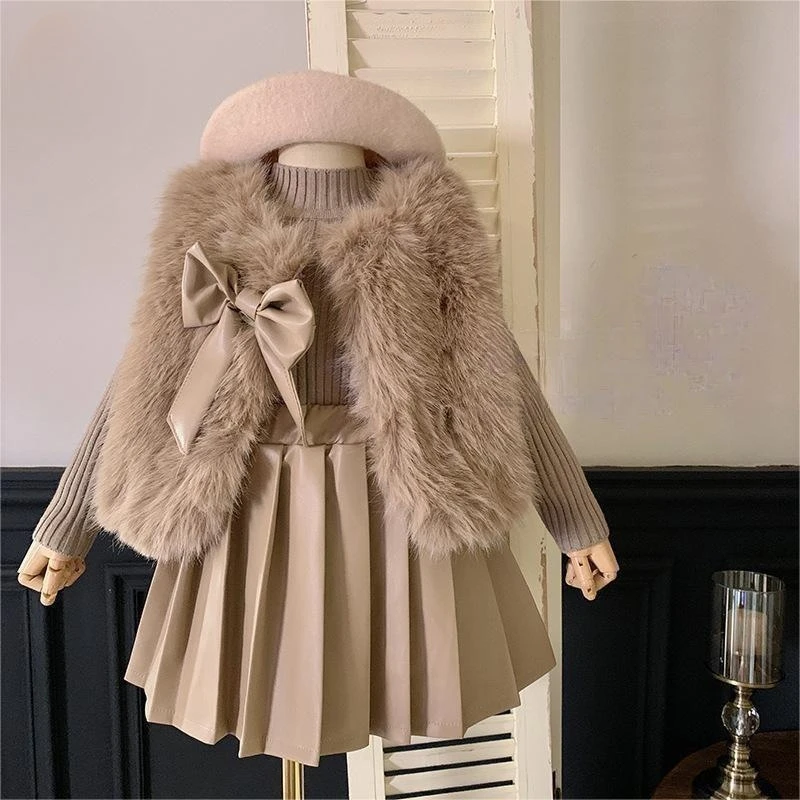 Baby Girl Princess Clothes Set Fur Vest+Sweater+Cotton Added PU Skirt 3PCS Winter Child Bow Fashion Suit Baby Clothes 18M-10Y