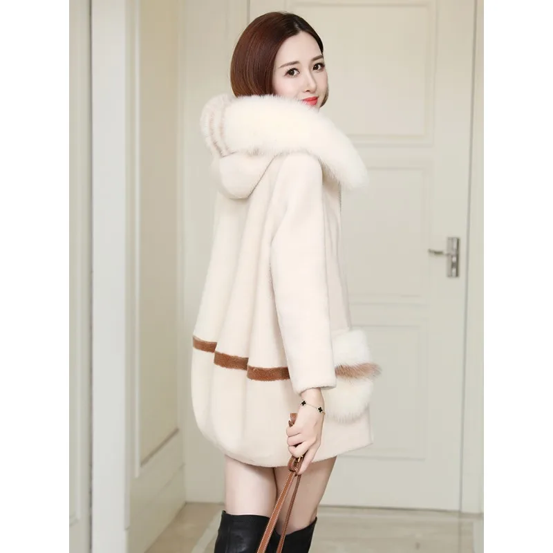 Cappotto in cashmere granulare versione coreana cappotto di pelliccia medio e lungo da donna collo in pelliccia di volpe di colore a contrasto pelliccia integrata giovane