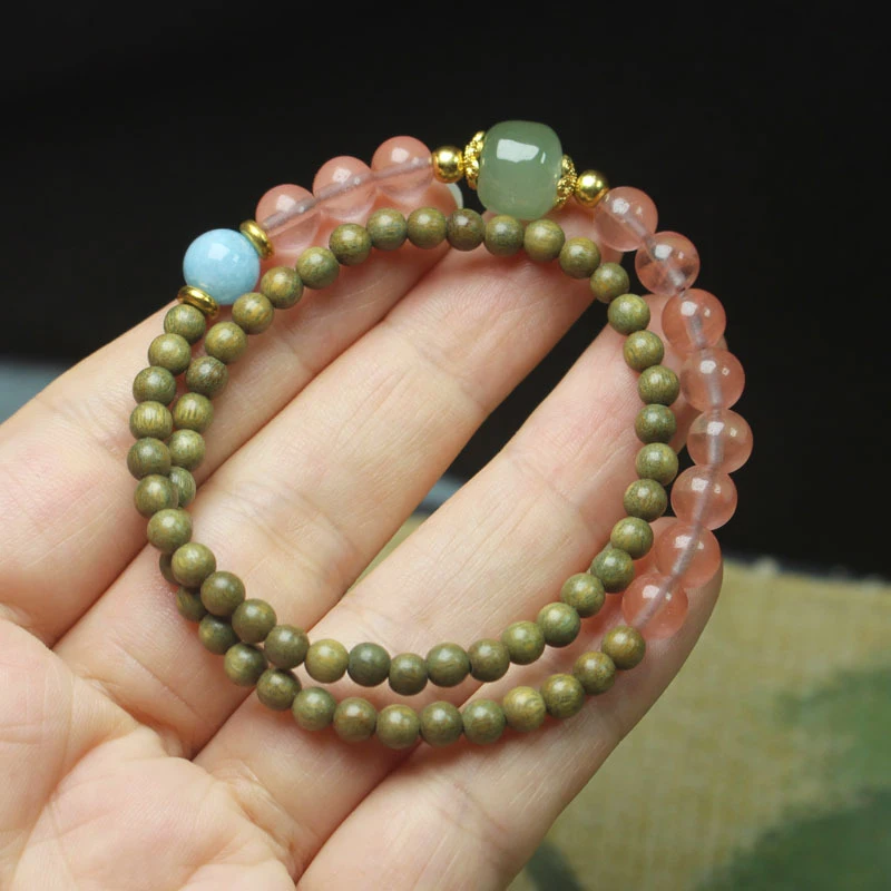 

Green Sandalwood 4mm Double Circle Buddhist Bead Bracelet with Watermelon Crystal, Simple and Simple Gift for Girls, Forest Styl