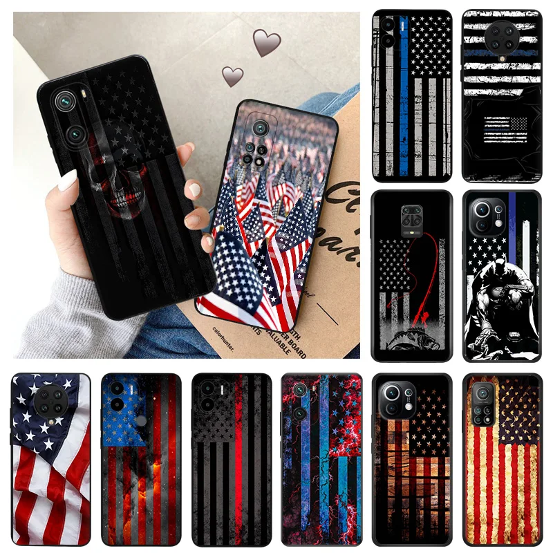 Soft Phone Cases For Xiaomi Mi 11 10t Lite 5G 11t Pro Redmi Note 7 8 8t 10 k40 k60 k50Gaming American flag Black Matte Cover