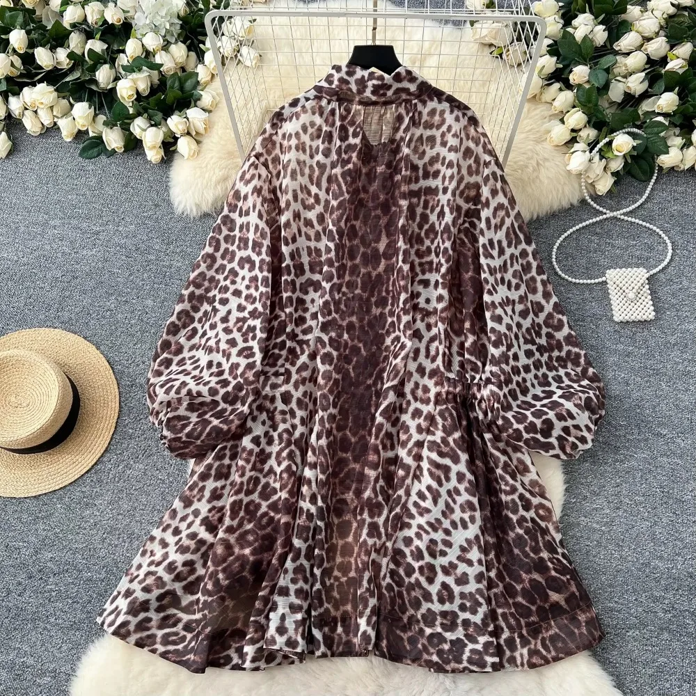 Elegant Butterfly Bow Lace-up Leopard Print Vintage Lantern Sleeves Loose Dresses Fashion Vacation High Street Spring Clothing