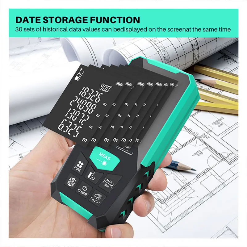 레이저 거리 측정기, 녹색 레이저 소스, 다중 측정 모드, M/FT/IN 단위 전환, 배터리 없음, 5가지 범위 옵션