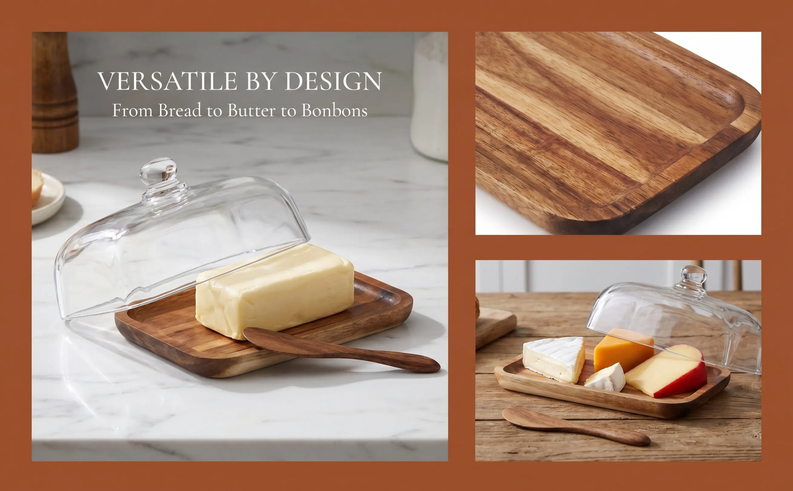 Farmhouse Style Wooden Butter Box Featuring Glass Dust Cover Countertop Food Organizer for Cheese Desserts Snacks Bread Loaf
