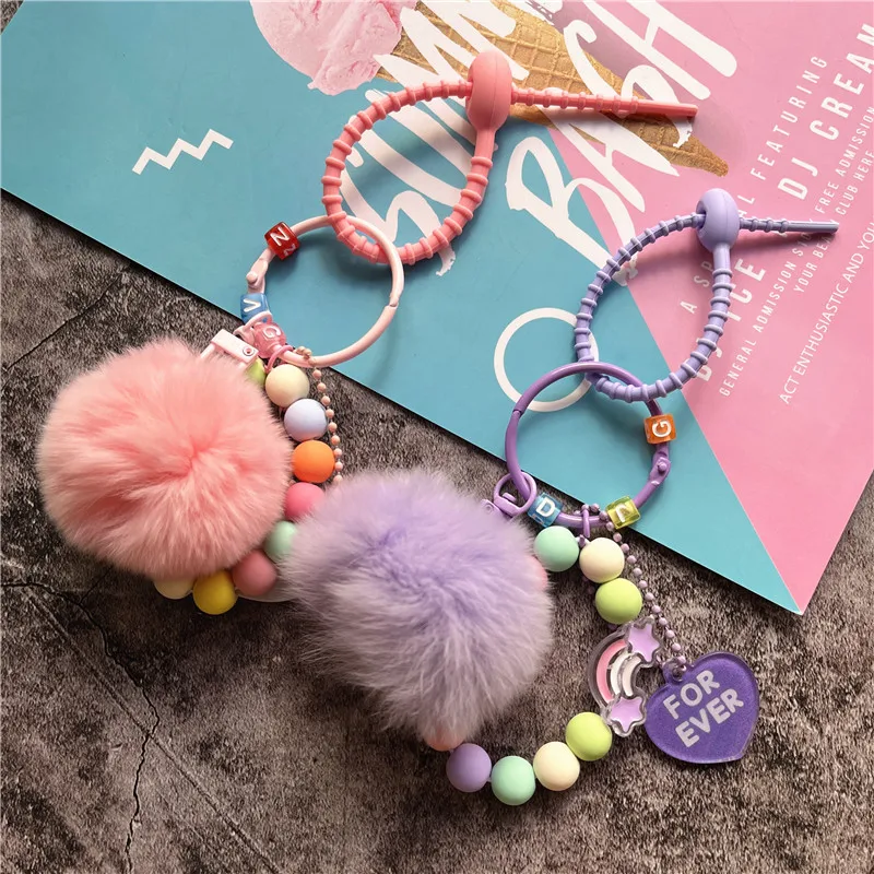 Key Tags Hair Ball Keychains Couple Gifts Colorful Beads Car Keychain Diy Keychain Accessories Small Fresh Hanging Key Chain