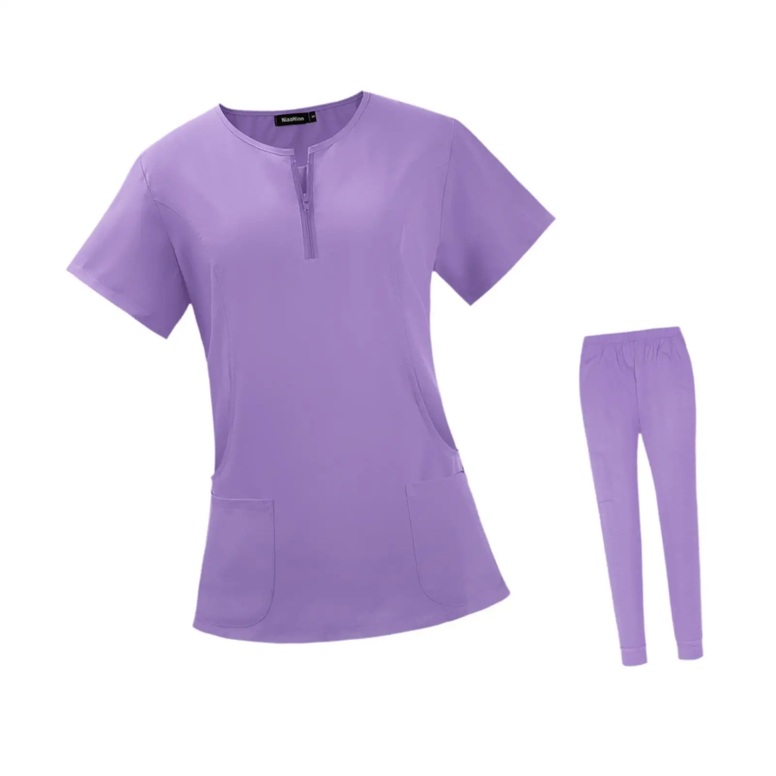 

Short Sleeve Nurse Work Suit Set Polyester Uniform Top and Long Pants with Zipper for Women Healthcare Assistant Hospital Use