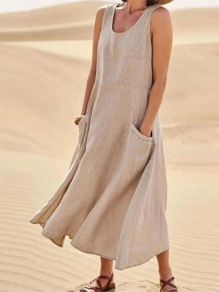 

Fashionable Sleeveless O-neck Dress For Women Elegant Solid Color Spring Summer Pocket Cotton Linen Loose Casual Dresses Female