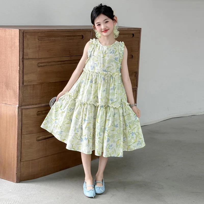 Summer girl's floral dress 2025 new style children's suspender birthday princess dress sleeveless baby cake skirt