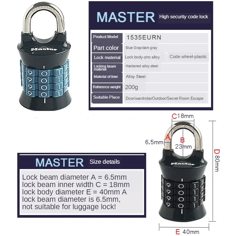 Imagem -05 - Master Lock Combination Cadeado Mini Número Cadeado Segurança Viagem Bagagem Ginásio 1535d