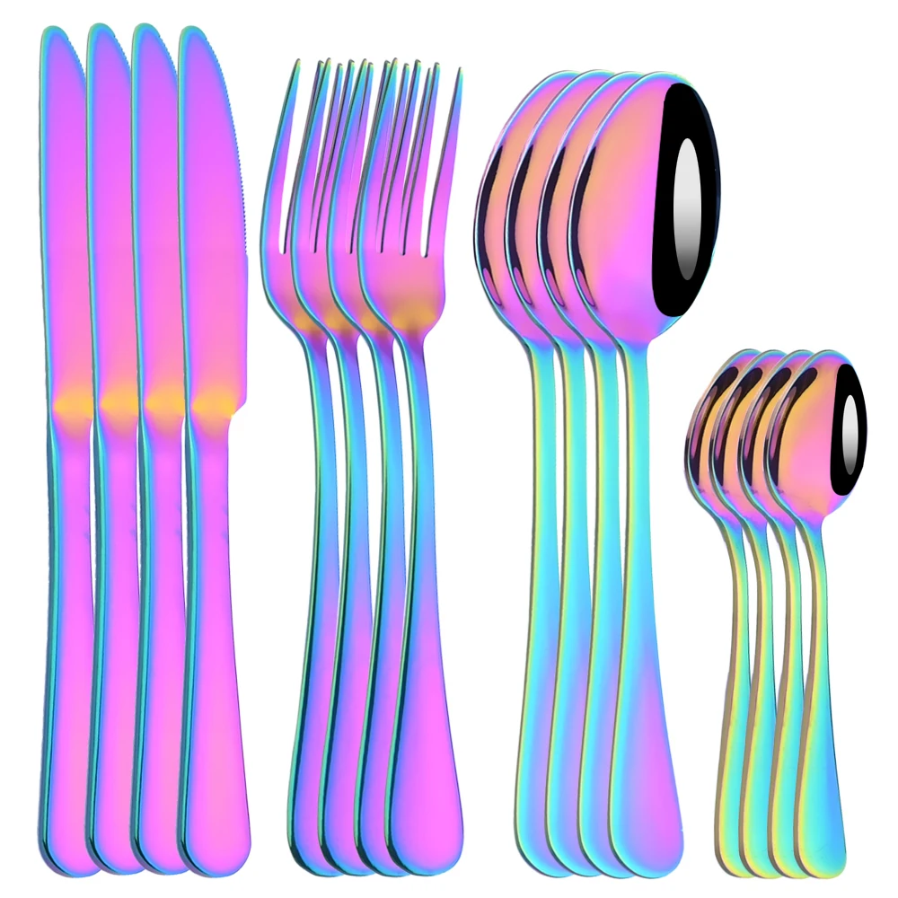 16Pcs Rainbow Dinnerware Cutlery Set Knife Dessert Fork Coffee Spoon Flatware Stainless Steel Silverware Tableware Set