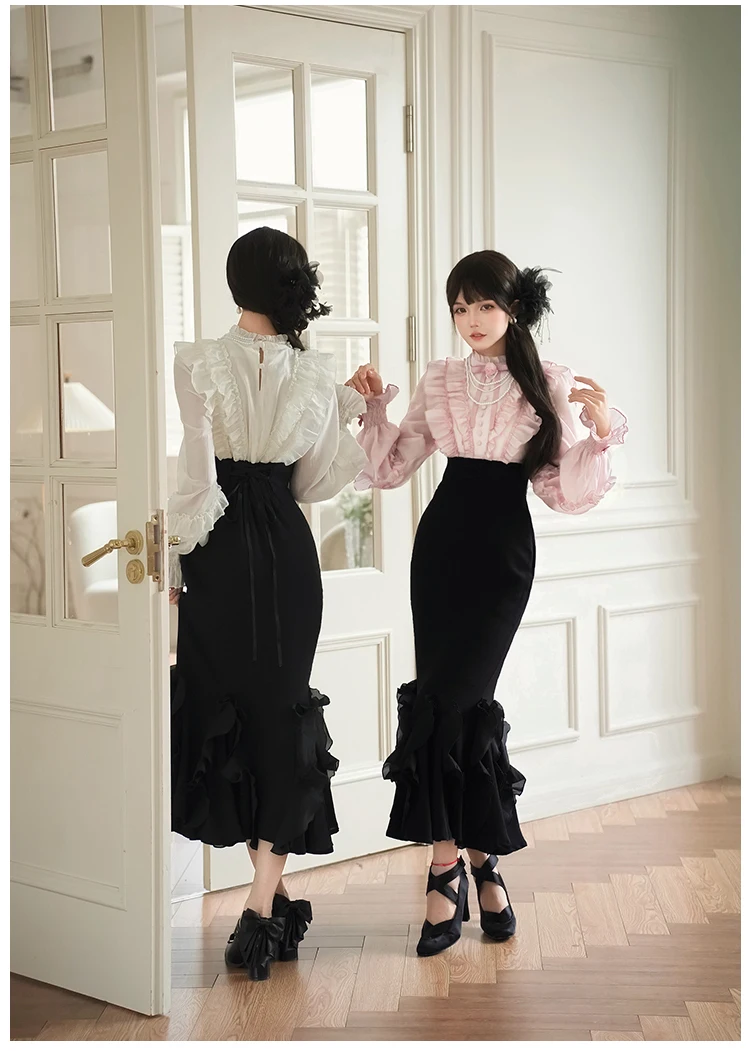 Ruffled Stand Collar Long Sleeve Shirt Original Design Fake Two-Piece Mermaid Ruffle Dress Autumn Style Women's Clothing