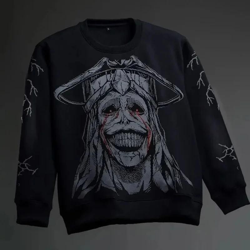 American high street fashion clothing men 2K anime pattern oversized pullover sweatshirt Harajuku retro T-shirt women