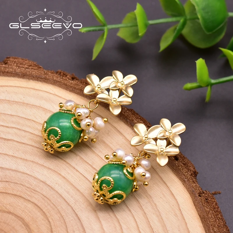 GLSEEVO Natural Green Jade Drop Silver 925 Earrings For Wife Mother Women Luxury Gift Fresh Water Pearl Ethnic Jewellery GE0931A