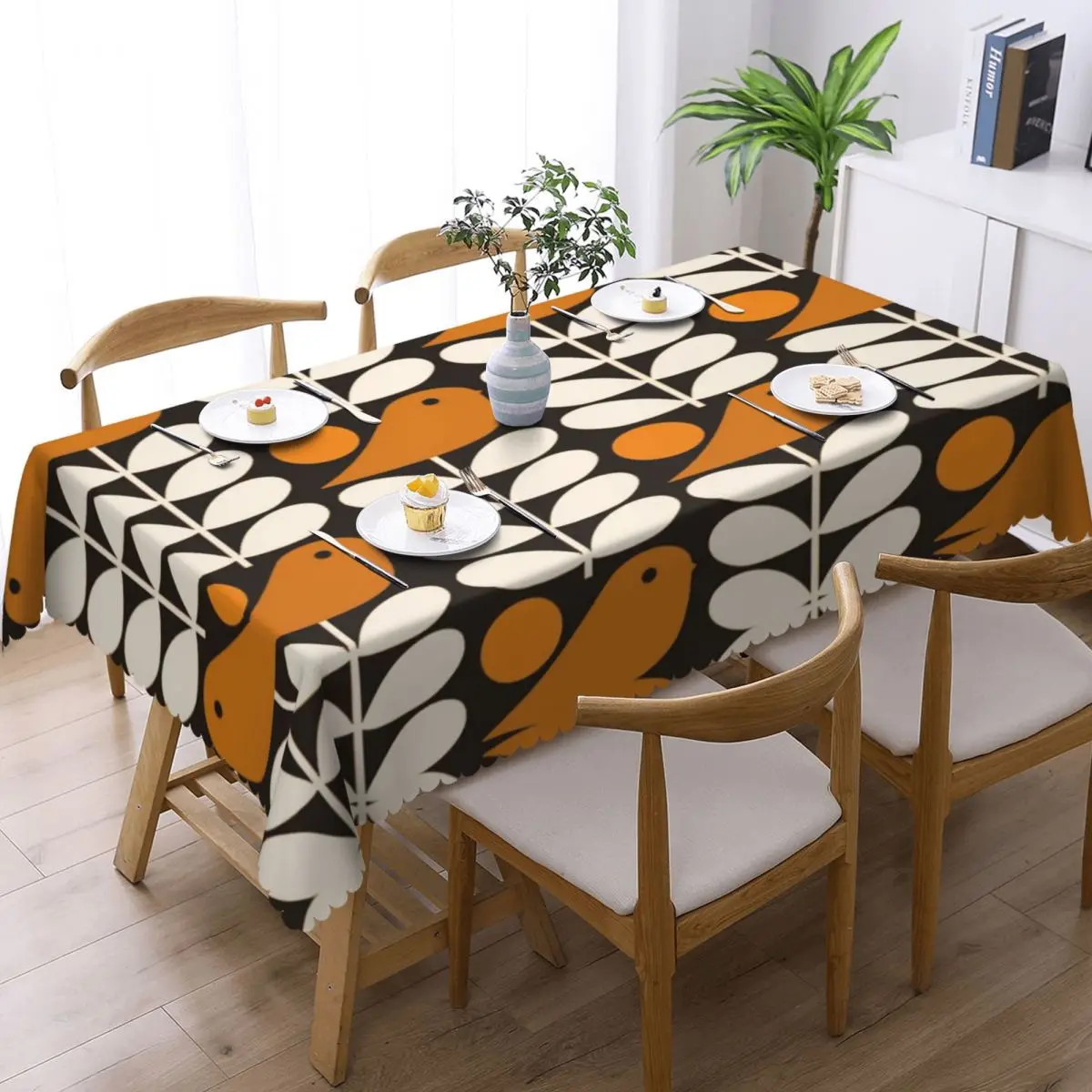 Custom Multistem Birds Black White Orange Rectangular Tablecloth Waterproof Table Cloth Orla Kiely Scandi Table Covers